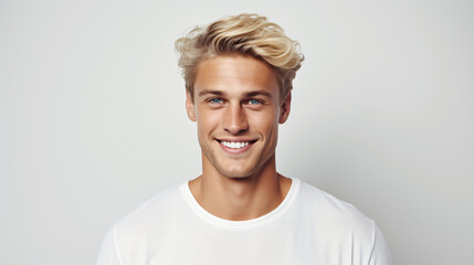 A close-up portrait photograph of an attractive blonde Scandinavian man grinning, showcasing his immaculate teeth, intended for a dental advertisement. Trendy hairstyle. Generative AI