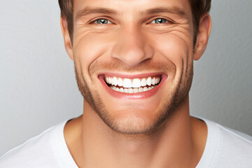 Naklejka premium A close-up portrait photograph of an attractive blonde Scandinavian man grinning, showcasing his immaculate teeth, intended for a dental advertisement. Trendy hairstyle. Generative AI