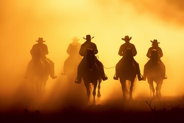 Fototapeta na wymiar Cowboys - friends riding at sunset