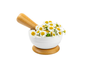 Mortar with medicinal herbs. Mortar with chamomile isolated on white background. Medicinal herbs. Alternative medicine. Design. Collage.