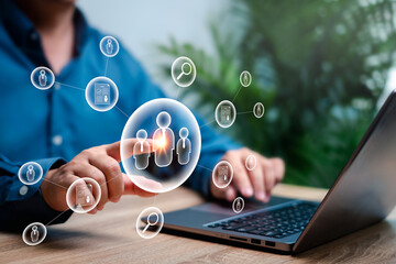 Customer Relationship Management and organization structure concept, Businessman show Relation with...