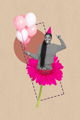 Artwork magazine collage postcard of cheerful smiling girlfriend hold pink helium balloons rejoice...