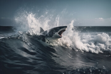 Fototapeta premium A great white shark jumps out of the water, jaws open wide and ready for action. An iconic image of fear and danger. AI Generative.