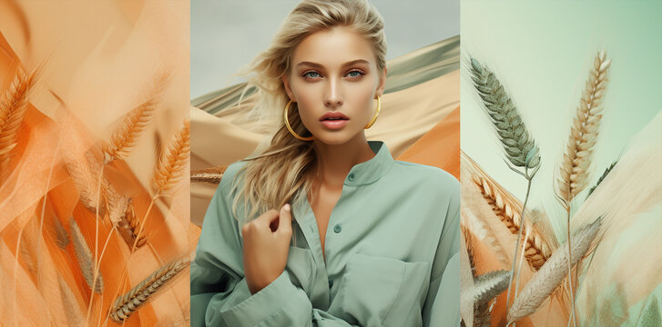 fashion blonde  girl posing alone on  wheat field, trendy dressed autumn mood, green and yellow gold palette, banner wallpaper concept theme