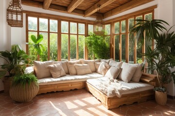 Beautiful Mediterranean interior design with a large sofa, green plants, cozy wooden elements, and bamboo blinds that filter sunlight. - obrazy, fototapety, plakaty