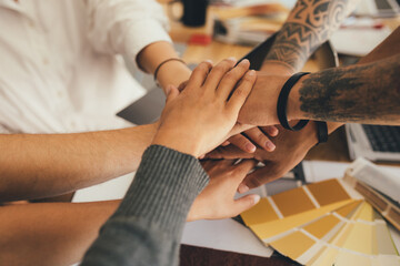 Obraz premium Team building, hands and business people collaboration in support of diversity and teamwork, motivation and inspiration, mission goals and company.