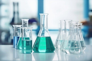 Glass flasks for liquid samples of reagents. Laboratory equipment for dispensing liquid samples. Chemical liquids analysis and testing.
