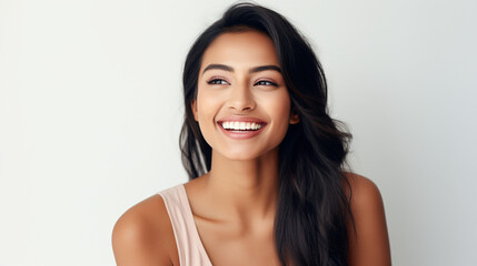 Obraz premium A close-up portrait of a stunning young Asian-Indian woman, smiling with pristine teeth. Used for a dental advertisement. Set against a white background. Composed using the rule of thirds. Gen. AI