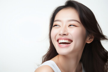 Fototapeta premium A close-up shot of a radiant young Asian woman, smiling with impeccable teeth. Designed for a dental promotion. With a white background. Crafted following the rule of thirds. Generative AI.