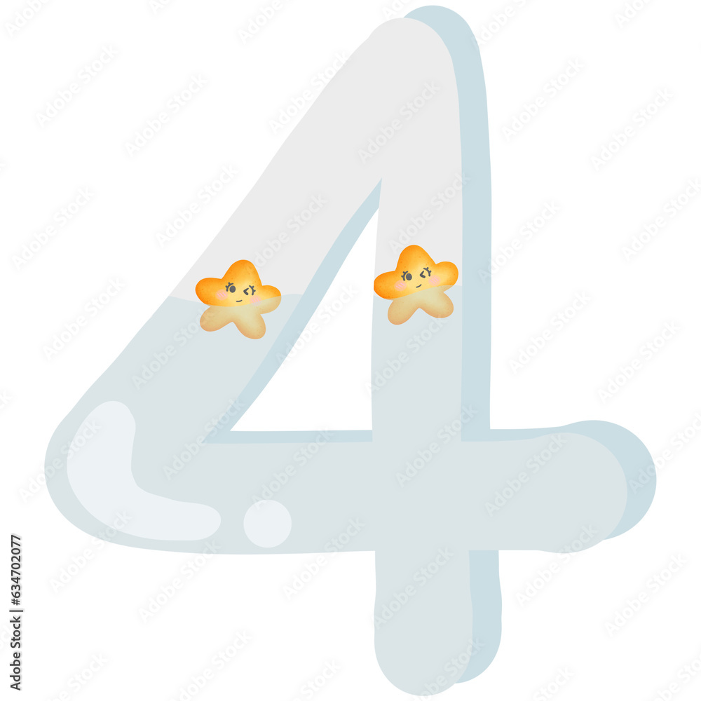 Fototapete The number 4 has a star emoticon floating in the water isolated on transparent background 