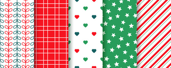 Xmas seamless pattern. Christmas, New year prints. Backgrounds with candy cane stripes, stars, hearts and plaid. Set of red green textures. Collection festive wrapping papers. Vector illustration