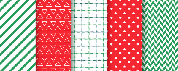 Christmas seamless pattern. Xmas, New year backgrounds. Set textures with stripes, hearts, herringbone, triangles and checkered. Red green elegant prints. Festive wrapping paper. Vector illustration