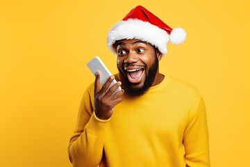 african american guy in new year clothes and santa hat