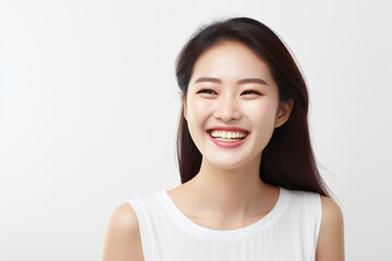 A close-up shot of a radiant young Asian woman, smiling with impeccable teeth. Designed for a dental promotion. With a white background. Crafted following the rule of thirds.
Generative AI.