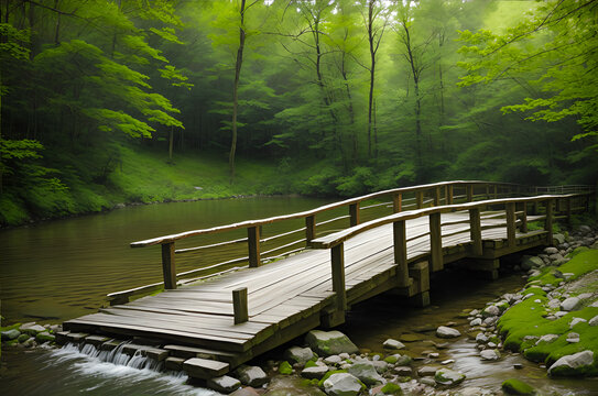 Rustic wooden bridge over a babbling brook -- wooden bridge, babbling brook, nature, peaceful, scenic, serene, landscape