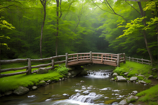 Rustic wooden bridge over a babbling brook -- wooden bridge, babbling brook, nature, peaceful, scenic, serene, landscape