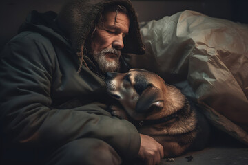 Portrait homeless dirty tramp hugging his dog. Concept friendship lifestyle. Generation AI