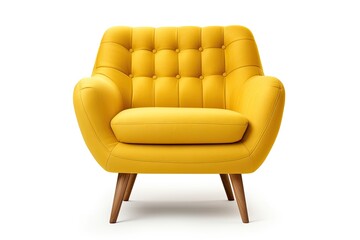 Naklejka premium Retro style armchair with yellow upholstery on wooden legs isolated on a white background.