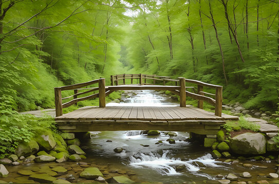 Rustic wooden bridge over a babbling brook -- wooden bridge, babbling brook, nature, peaceful, scenic, serene, landscape
