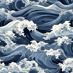 a blue and white wave pattern blue and white wave pattern, in the style of japanese folklore- inspired art, navy and gray, depictions of inclement weather. AI Generated Images