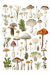 Simple clean botanical illustration of brown, red, and white, mushroom varieties on a portrait white background. - obrazy, fototapety, plakaty