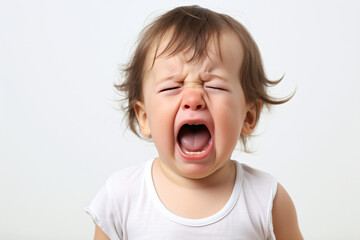 
A close-up shot of an adorable baby boy, crying and shouting, isolated on a white background.
Generative AI.