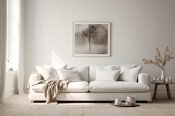 Fototapeta na wymiar Scandinavian inspired a white living room with a sofa.