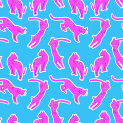 Pink leopard on a blue background. Tropical seamless pattern. Vector. Can be used for fashion, accessories, home decor, and various printed materials with a touch of exotic allure.