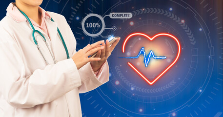 Female doctor using smartphone to show glowing neon line of red heart with pulse line icon. Heart pulse, heartbeat lone, healthy lifestyle, medical healthcare, love, mindfulness, wellbeing concept. - Powered by Adobe