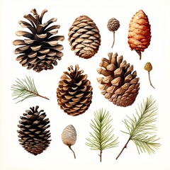 Simple clean botanical illustration of assorted pinecones on a white background.