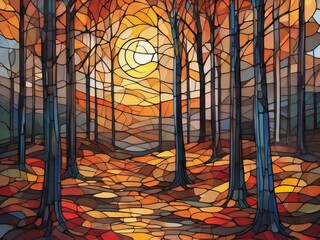 Abstract autumn forest at sunset, in the style of mosaics stained glass window 