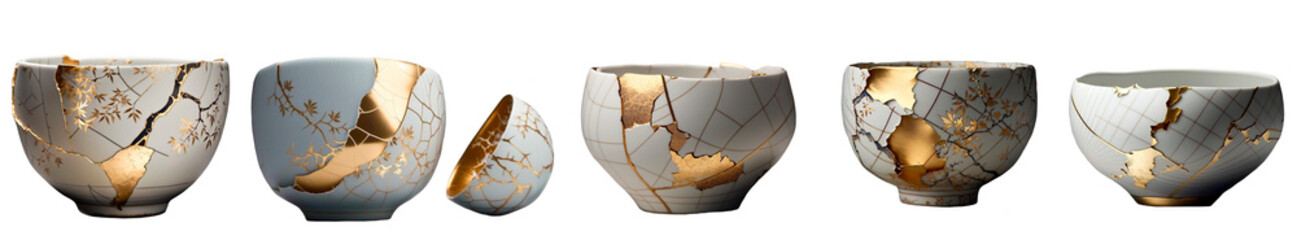 White and Gold Japanese Kintsugi Gold Repaired Bowls Isolated Template