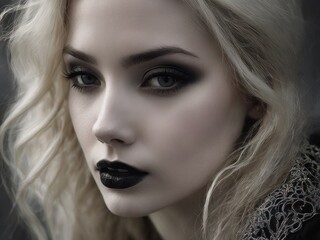 An impressive close-up of the face of a skinny Gothic woman