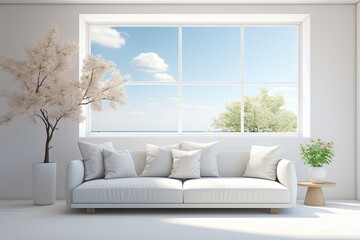 Scandinavian 3D illustration depicting a white living room with a sofa and a window displaying a summer landscape.