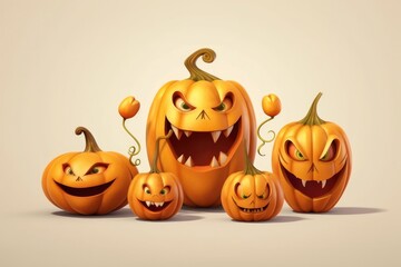Funny Halloween pumpkins with evil faces with fangs. Halloween illustration.