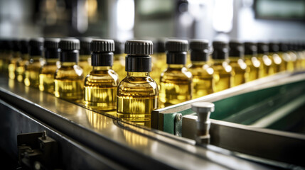 Cooking oil-filled bottles moving gracefully along a conveyor belt in a bustling production line