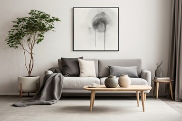 Scandinavian home interior with gray sofa, marble stool, black coffee table, modern paintings, decoration, plant and elegant personal accessories in home decor.