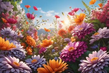 Fototapeta na wymiar Flower field with colorful flowers in bloom