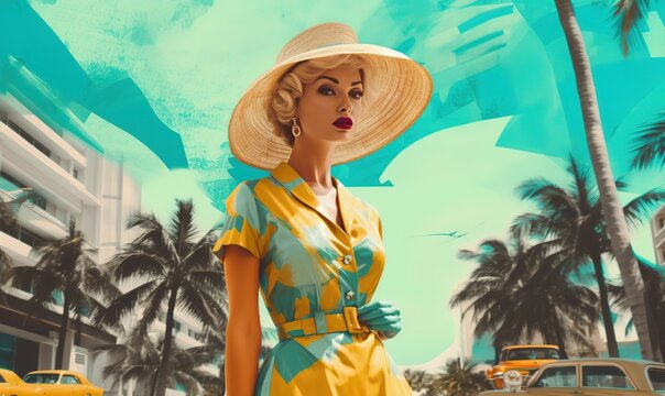 Fashionable woman in dress retro style of 50s, 60s on background palms car hotel mountains art deco collage travel illustration for magazine poster, postcard, social media banner Generative AI
