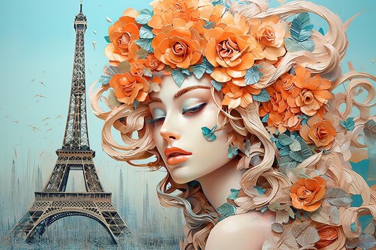 Portrait woman with flowers in her hair near Eiffel tower spring in Paris floral collage illustration for poster, postcard, travel banner Generative AI