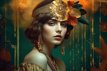Beautiful woman portrait in 30s art deco style with gold jewelry illustration for magazine poster, postcard, social media banner Generative AI