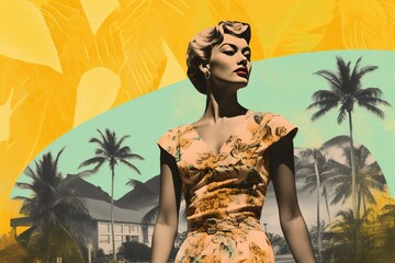 Woman in dress retro style of 50s, 60s on background palms mountains art deco collage travel illustration for magazine poster, postcard, social media banner Generative AI - obrazy, fototapety, plakaty