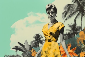 Woman in yellow dress retro style of 60s on background palms flowers pop art collage summer travel illustration for magazine poster, postcard, social media banner Generative AI