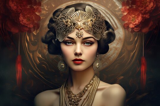 Woman in wearing gold headdress and jewelry 30s art deco light bronze background style of golden age aesthetics illustration for magazine poster, postcard, social media banner Generative AI