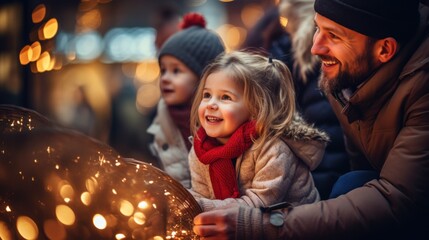 Parents and children have a wonderful time at a traditional Christmas market on a winter evening....