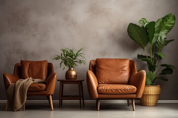 retro brown leather furniture in Scandi boho style displayed in a mock up wall of a home interior.
