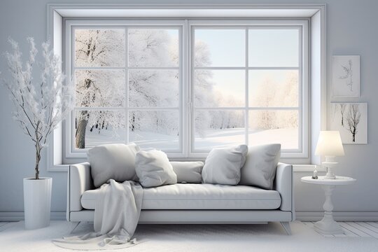 Scandinavian interior design featuring a white room with winter landscape in window. 3D illustration.