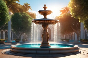 A fountain with spouting water installed in a luxurious garden - obrazy, fototapety, plakaty