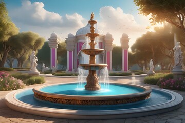 A fountain with spouting water installed in a luxurious garden - obrazy, fototapety, plakaty
