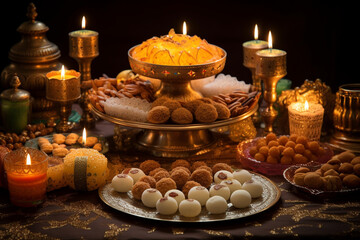 Fototapeta na wymiar Elaborate display of traditional Indian sweets, Diwali, the triumph of light and kindness Generative AI
